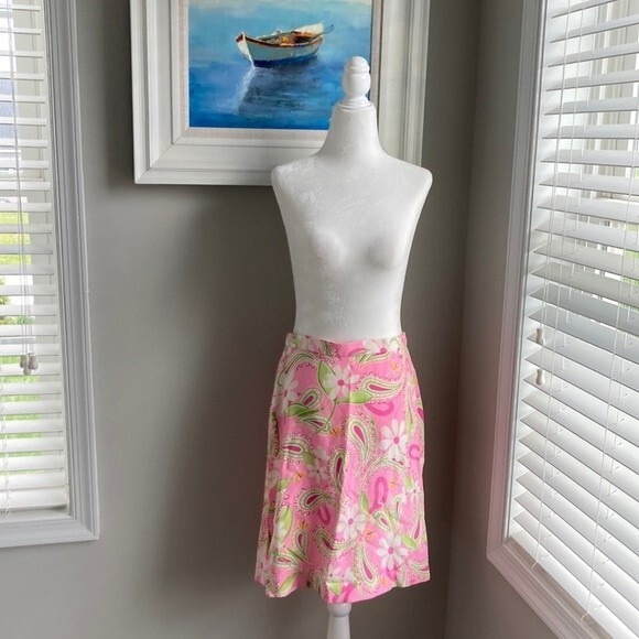 Vintage 80s 90s Lilly Pulitzer Midi Pink Summer Silk Floral Paisley Skirt Size 2 - Picture 2 of 16